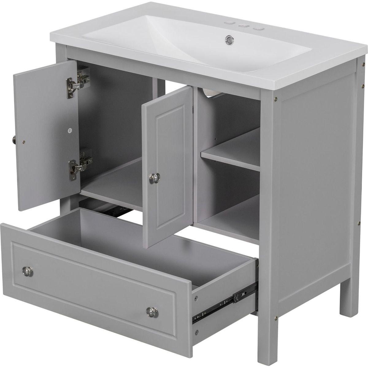 30" Bathroom Vanity with Sink, Bathroom Storage Cabinet with Doors and Drawers, Solid Wood Frame, Ceramic Sink, Grey