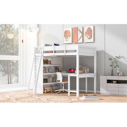 Full Size Loft Bed with Desk and Shelf - White