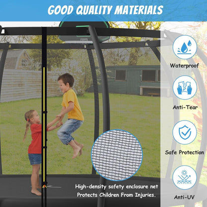 14FT Trampoline for Kids with Upgraded ArcPole and Composite TopLoop for Safety Enclosure, Plus Basketball Board and 10 Ground Stakes, Outdoor Recreational Playset Balance Physical Training Trampoline