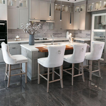 Contemporary Velvet Upholstered Barstools with Button Tufted Decoration and Wooden Legs, and Chrome Nailhead Trim, Leisure Style Bar Chairs,Bar stools, Set of 2 (Beige)