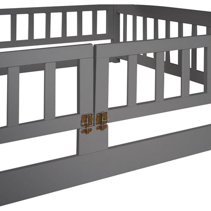 Bunk Bed with Slide,Full Over Full Low Bunk Bed with Fence and Ladder for Toddler Kids Teens Gray