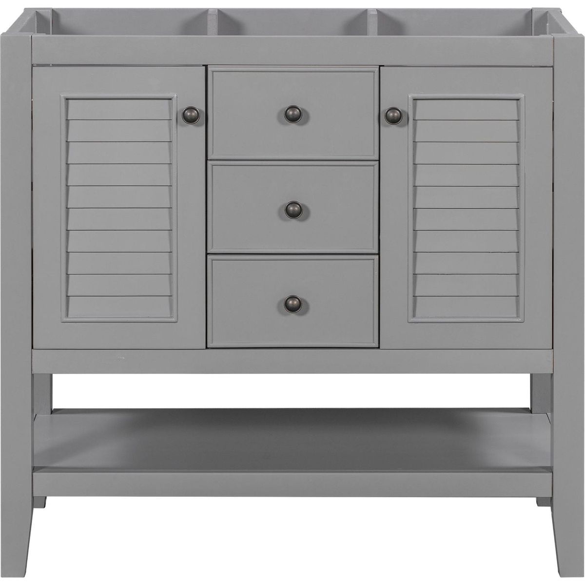 36" Bathroom Vanity without Sink, Cabinet Base Only, Two Cabinets and Drawers, Open Shelf, Solid Wood Frame, Grey