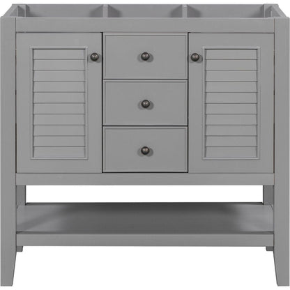 36" Bathroom Vanity without Sink, Cabinet Base Only, Two Cabinets and Drawers, Open Shelf, Solid Wood Frame, Grey