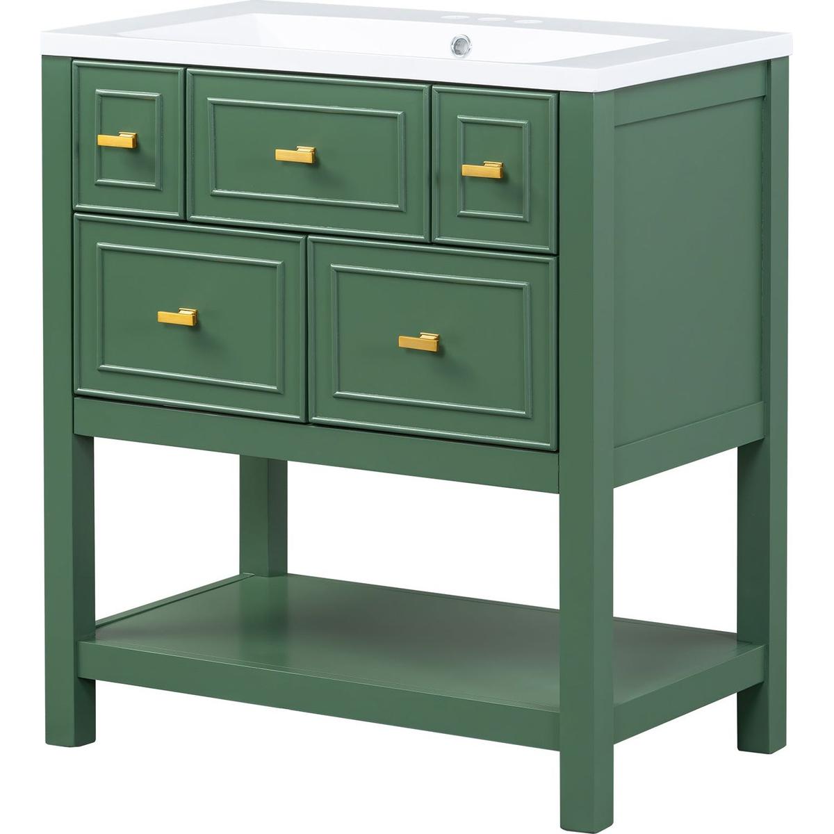 30" Bathroom Vanity with Resin Sink Combo, Free Standing Single Vanity Set with 5 Drawers, Solid Wood Frame Bathroom Storage Cabinet, Green