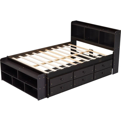 Full Bed with Bookcase Headboard, Under bed Storage Drawers and Bed End Storage Case,Espresso