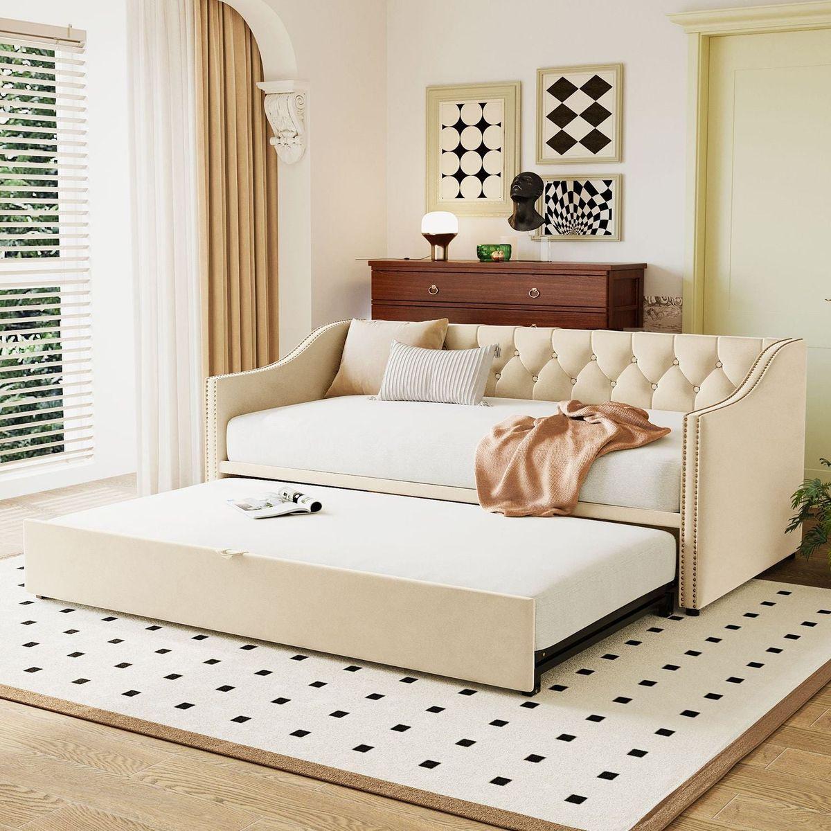 Twin Size Upholstered daybed with Pop Up Trundle, Beige