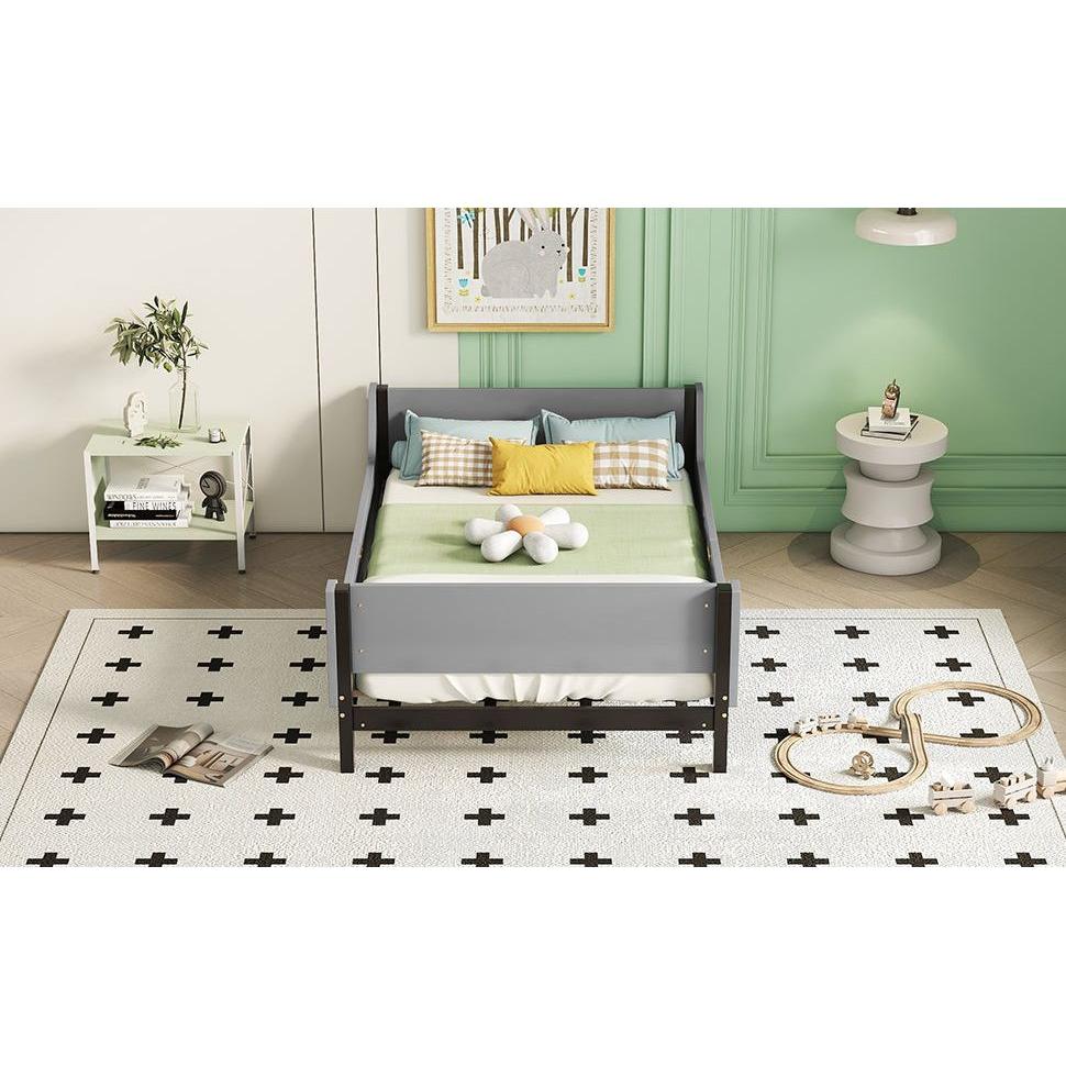 Twin Bed with Headboard, Footboard, Safeguards, Built-in Bed-end Book Storage Rack, Grey