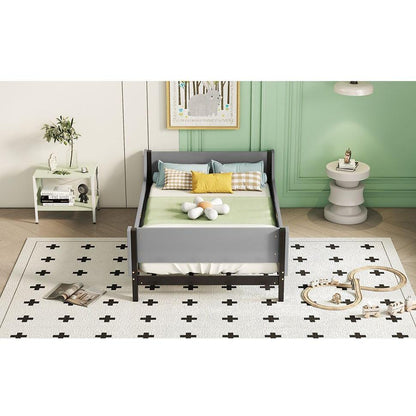 Twin Bed with Headboard, Footboard, Safeguards, Built-in Bed-end Book Storage Rack, Grey