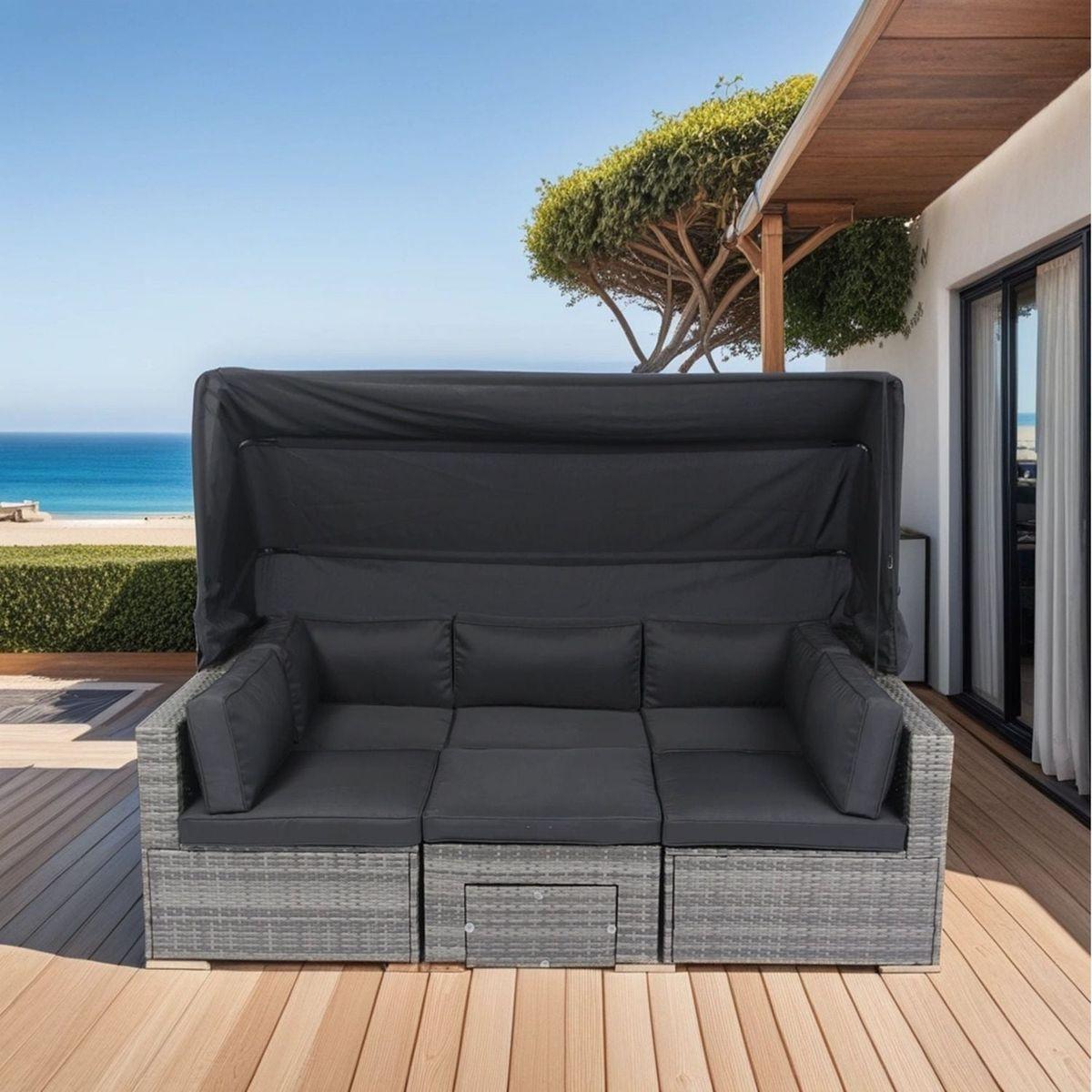 7-Piece Patio Furniture Set w/Retractable Canopy Wicker Rattan Sectional Sofa Set Patio Furniture with Washable Cushions for Lawn, Garden, Backyard, Poolside Grey wicker + Black Cushion