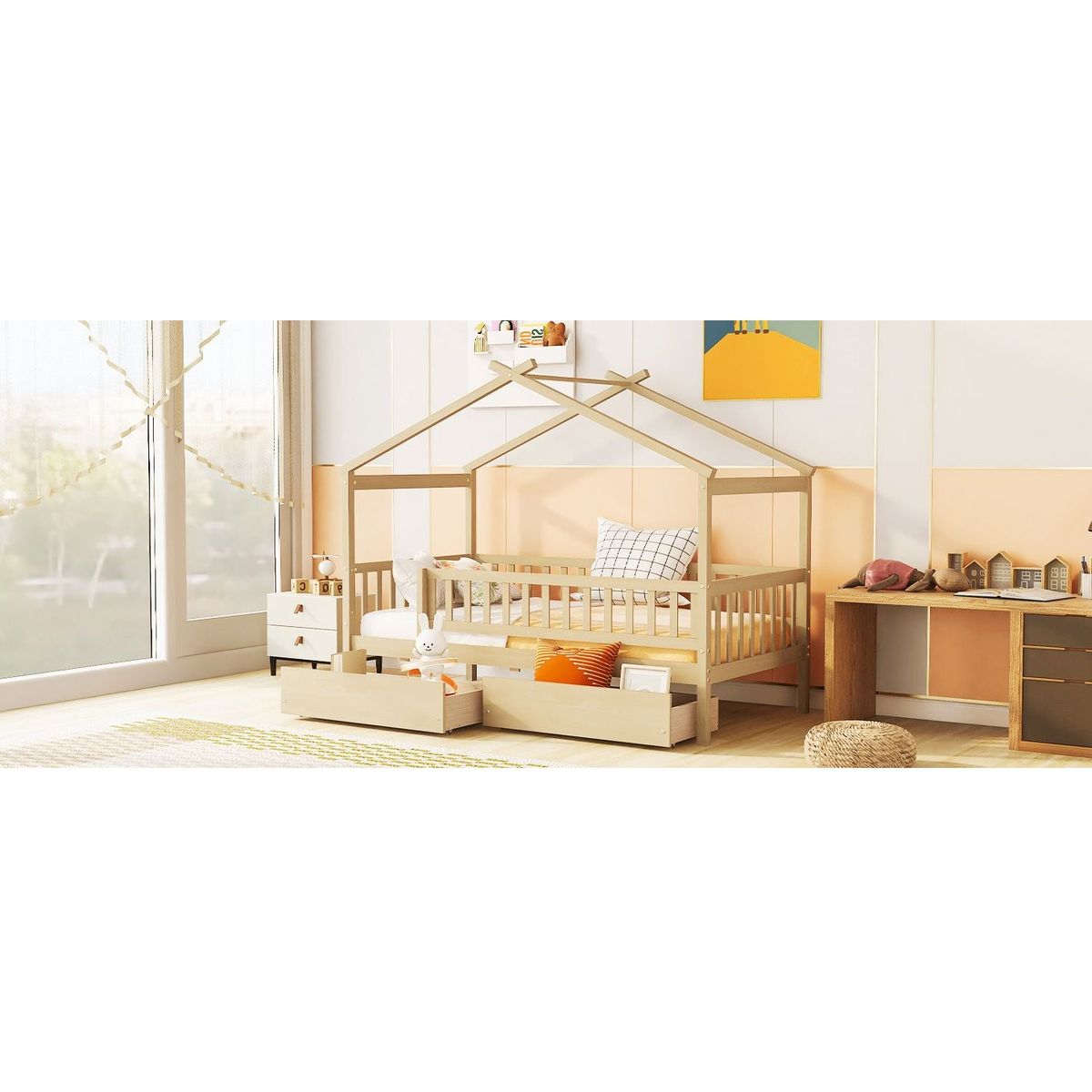 Twin Size Wooden House Bed with Two Drawers, Natural