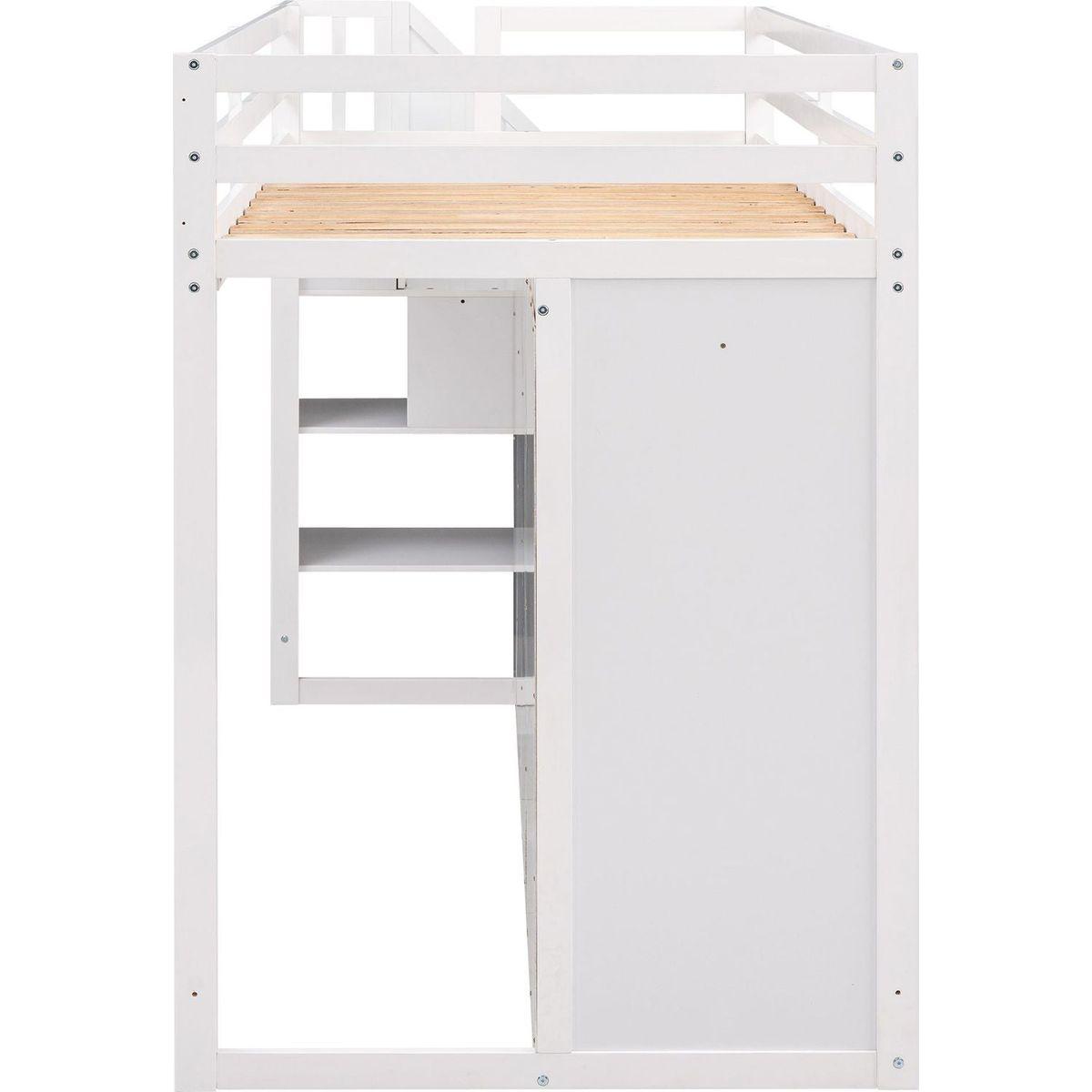 Functional Loft Bed with 3 Shelves, 2 Wardrobes and 2 Drawers, Ladder with Storage, No Box Spring Needed, White
