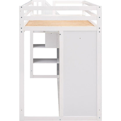 Functional Loft Bed with 3 Shelves, 2 Wardrobes and 2 Drawers, Ladder with Storage, No Box Spring Needed, White