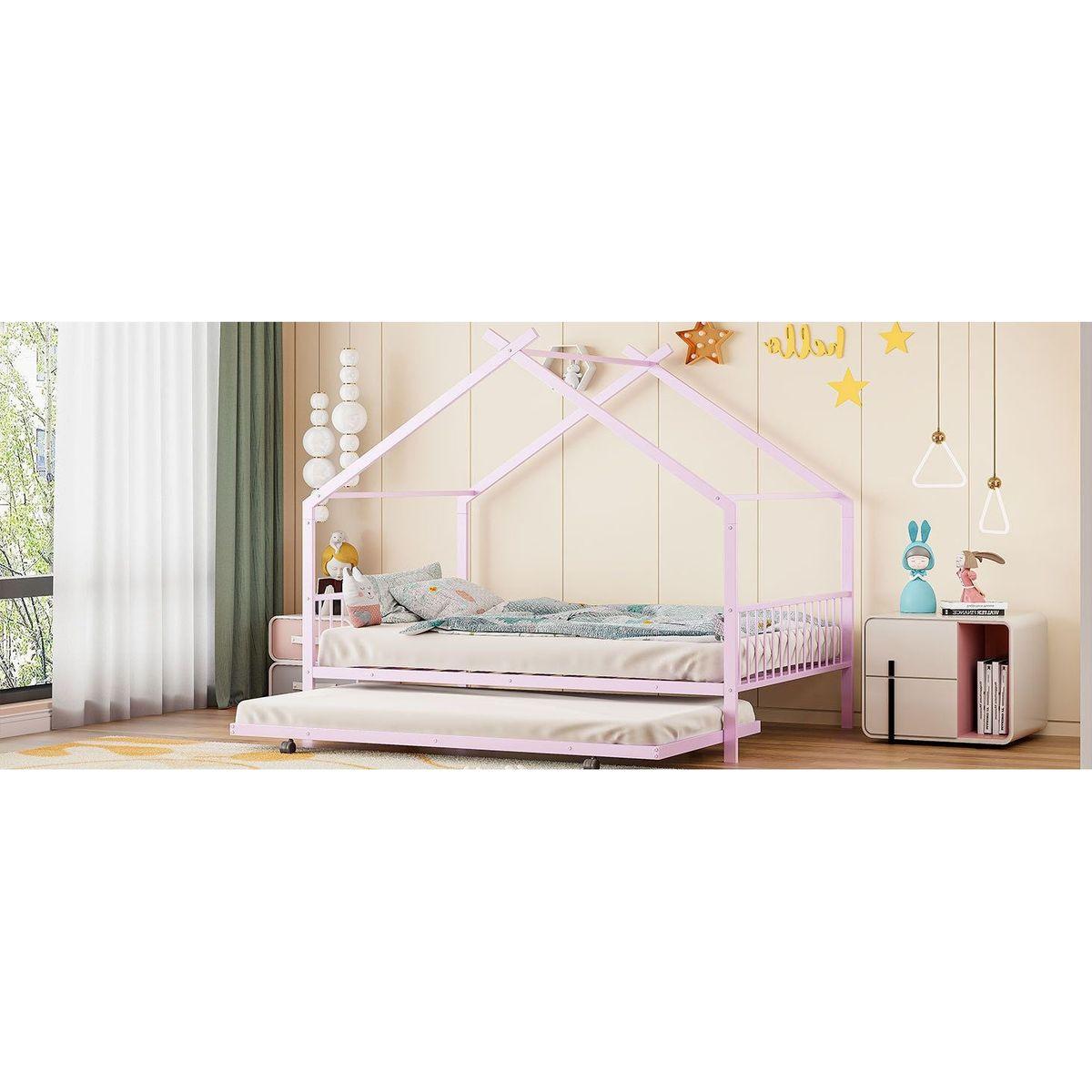 Full Size Metal House Bed with Twin Size Trundle, Pink