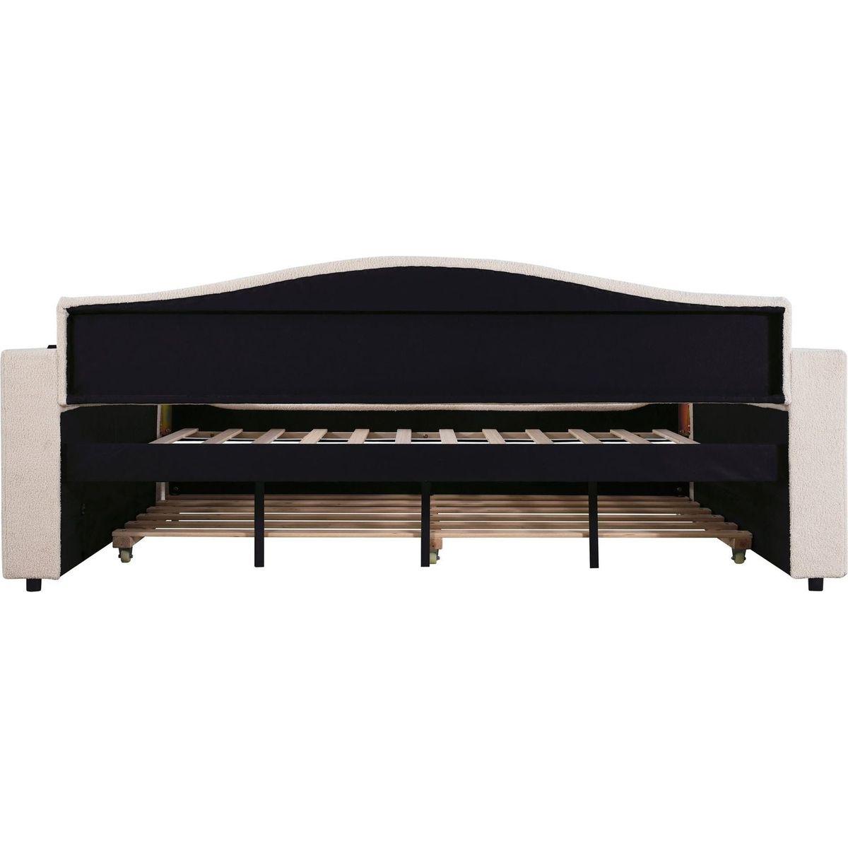 Full Size Upholstered Daybed with Storage Armrests, Trundle and Latest Integrated Bluetooth Audio System, Teddy Fleece, Beige