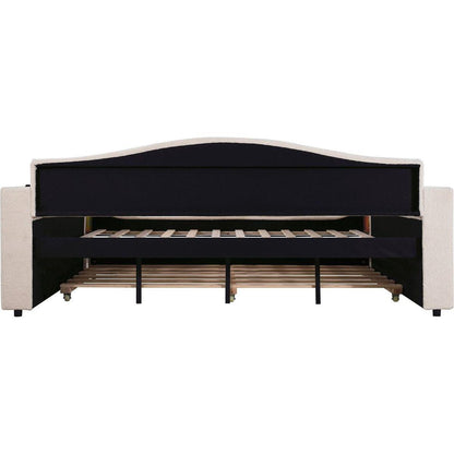 Full Size Upholstered Daybed with Storage Armrests, Trundle and Latest Integrated Bluetooth Audio System, Teddy Fleece, Beige