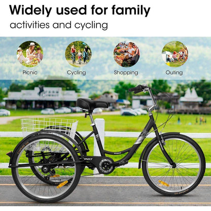 Adult Tricycles 7 Speed, Adult Trikes 24 inch 3 Wheel Bikes, Three-Wheeled Bicycles Cruise Trike with Shopping Basket for Seniors, Women, Men