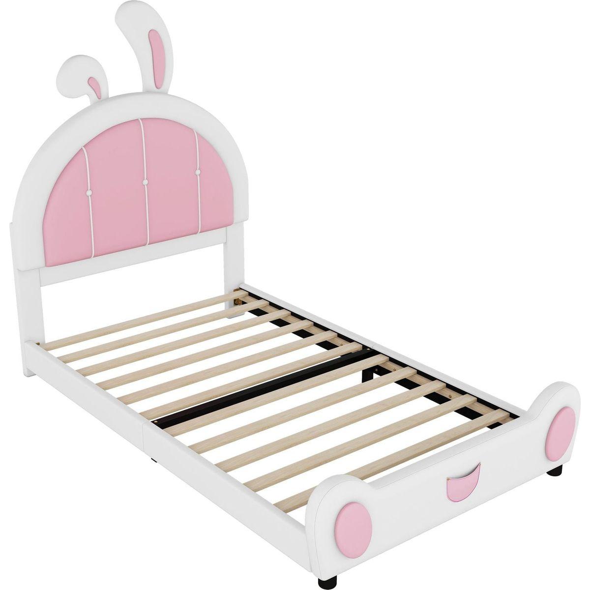 Twin Size Upholstered Platform Bed with Rabbit Shaped Headboard, White