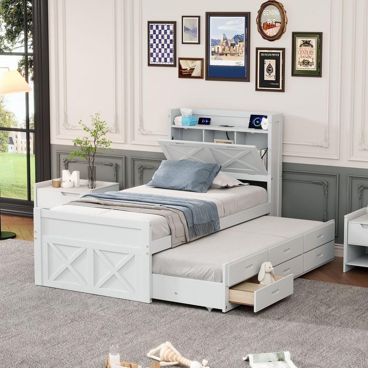 Twin Size Wooden Bed with Storage Headboard with Outlets, Extendable Bed with Twin Size Trundle with Three Storage Drawers,White