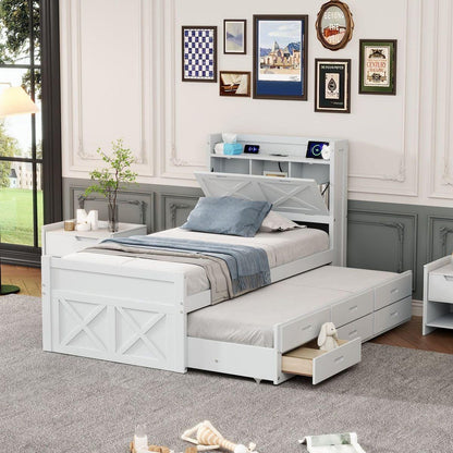 Twin Size Wooden Bed with Storage Headboard with Outlets, Extendable Bed with Twin Size Trundle with Three Storage Drawers,White