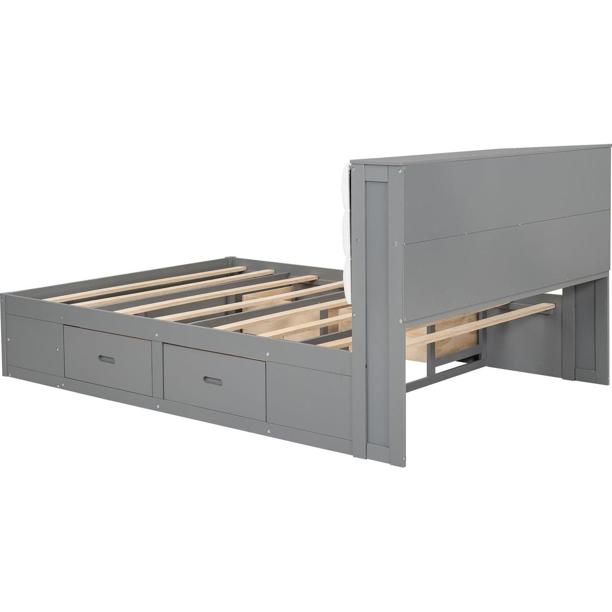 Wood Queen Size Platform Bed with Storage Headboard, shoe rack and 4 drawers,Gray
