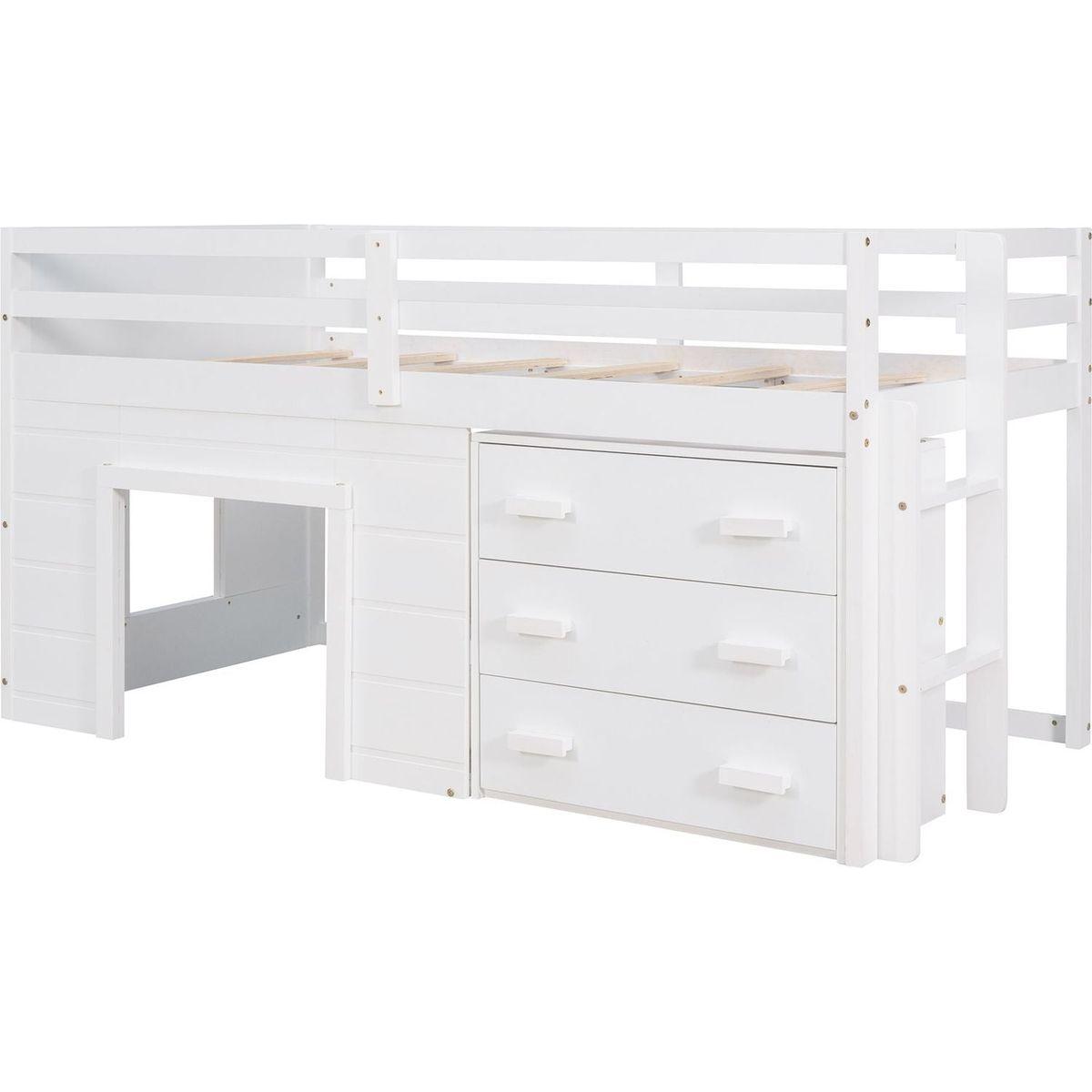 Twin Size Loft Bed with Cabinet and Shelf - White