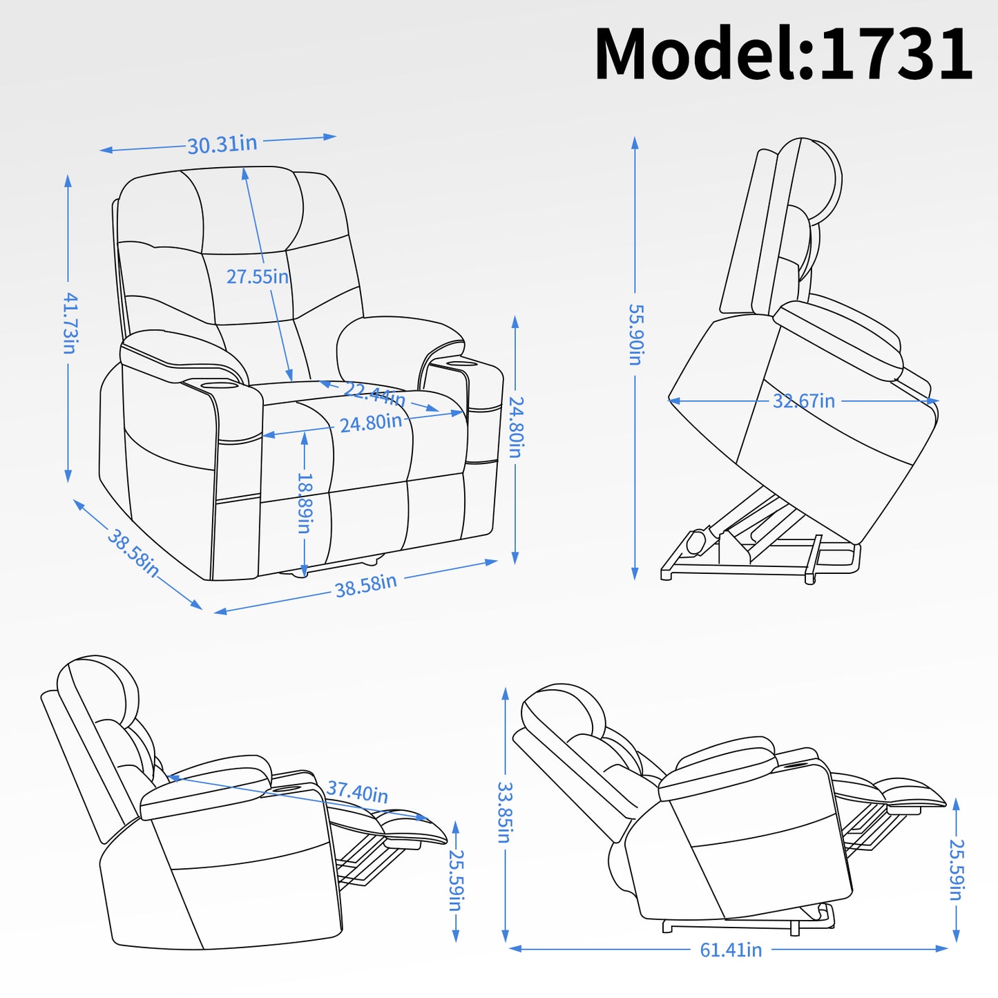 Okin Motor Up to 350 LBS Power Lift Recliner Chair, Heavy Duty Motion Mechanism with 8-Point Vibration Massage and Lumbar Heating, Cup Holders, USB and Type-C Ports, Removable Cushions, Blue