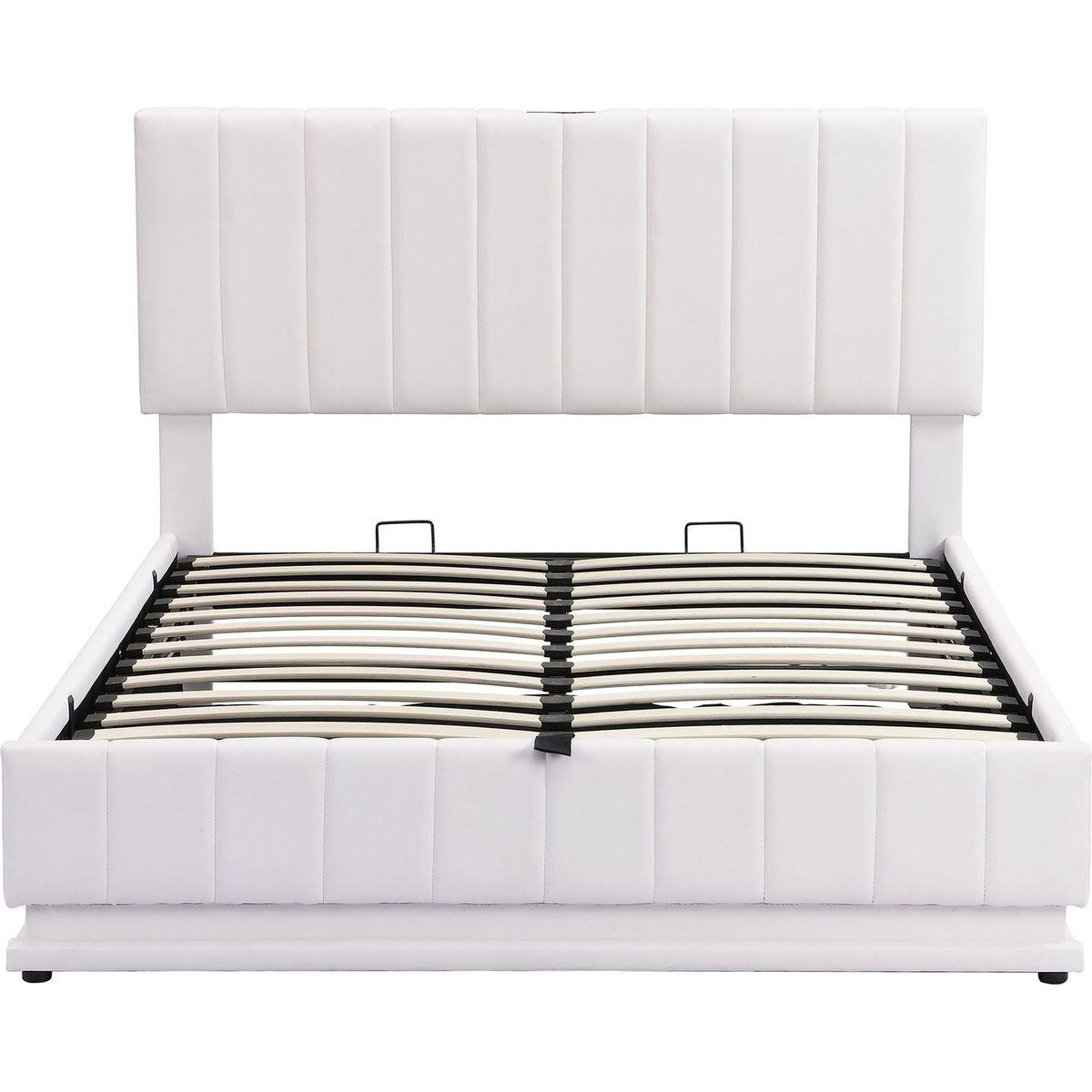 Full Size Upholstered Bed with Hydraulic Storage System and LED Light, Modern Platform Bed with Sockets and USB Ports, White
