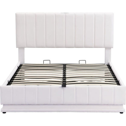 Full Size Upholstered Bed with Hydraulic Storage System and LED Light, Modern Platform Bed with Sockets and USB Ports, White