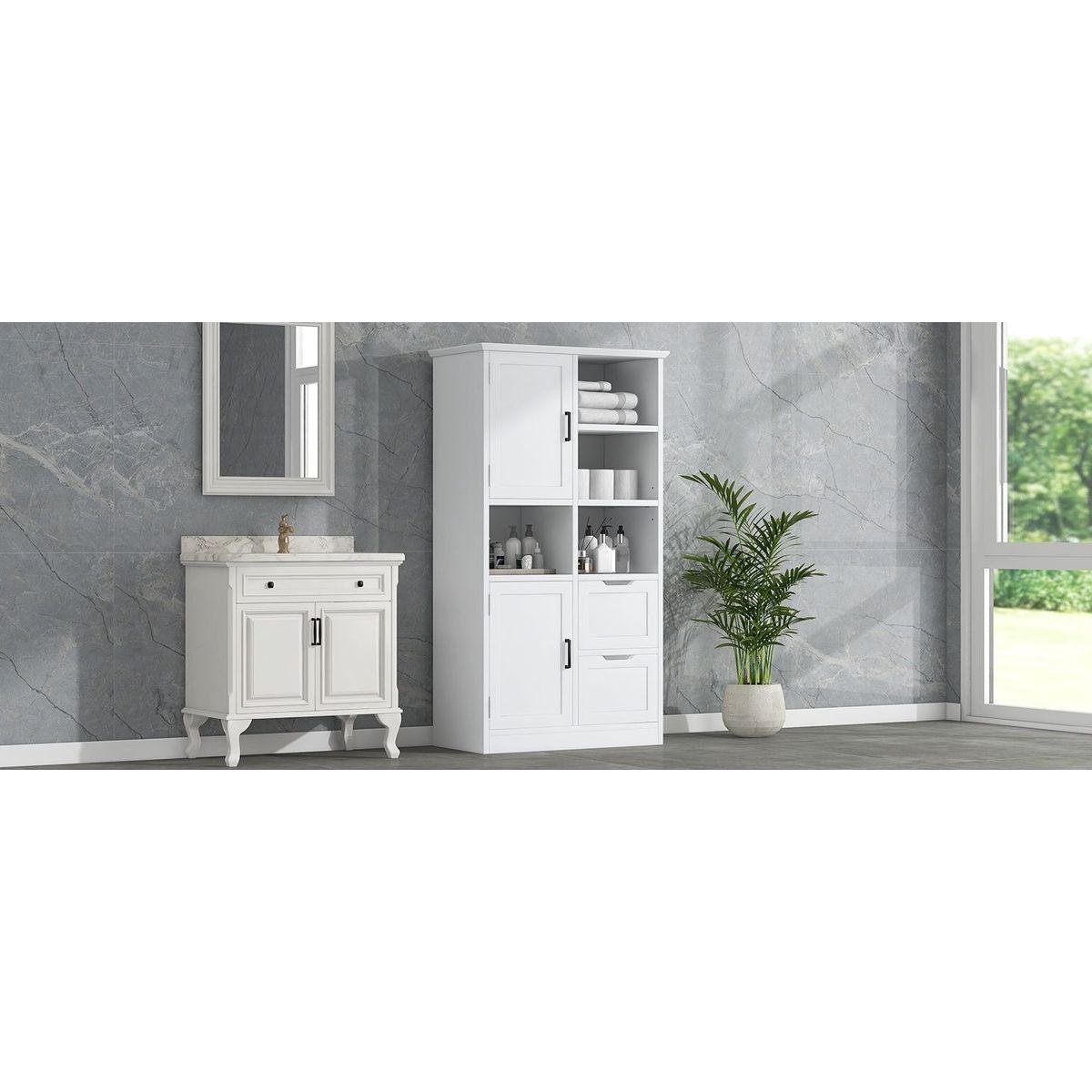 Bathroom Storage Cabinet with Doors and Drawers, Multiple Storage Space, Freestanding Style, Open Shelve, Adjustable Shelf, White