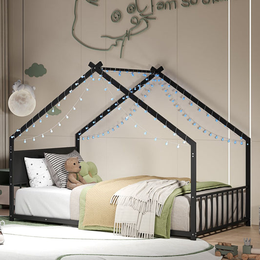 Twin Size House Bed with Roof and Colorful Lights, Metal Bed Frame with Slats and Legs, House Bed for Boy, Girls and Young Teens, No Box Spring Needed (Black)