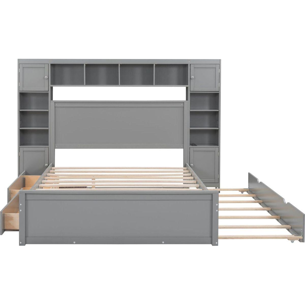 Queen Size Wooden Bed With All-in-One Cabinet, Shelf and Sockets, Gray