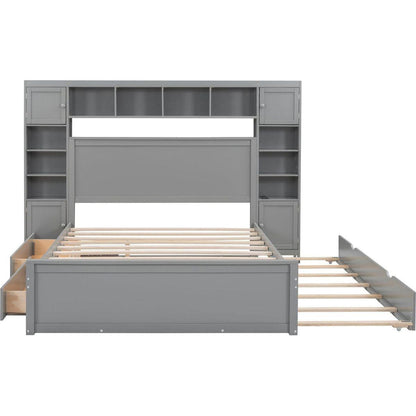 Queen Size Wooden Bed With All-in-One Cabinet, Shelf and Sockets, Gray