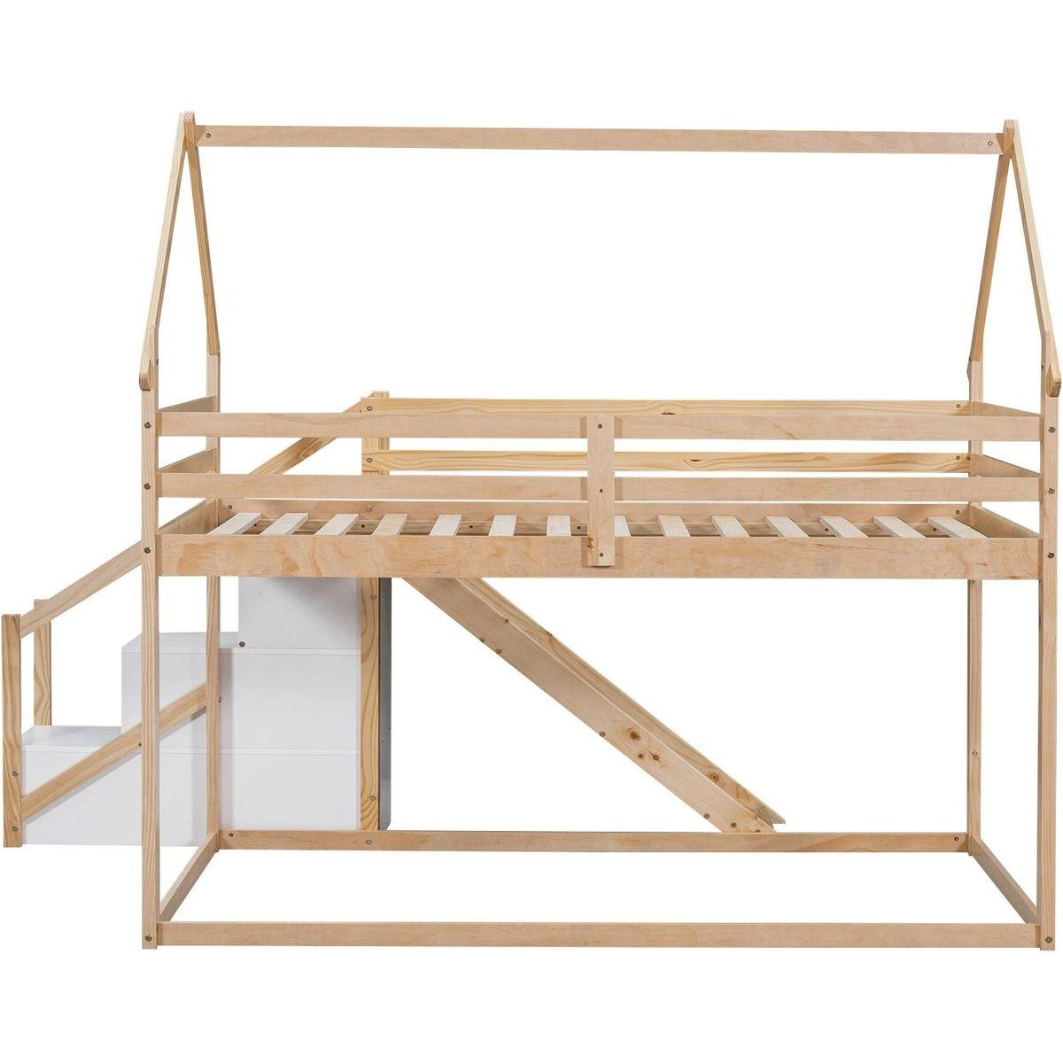 Twin over Twin House Loft or Bunk Bed with Slide and Staircase, Natural