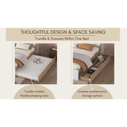 Modern Full Bed Frame With Twin Size Trundle And 2 Drawers For White High Gloss With Light Oak Color