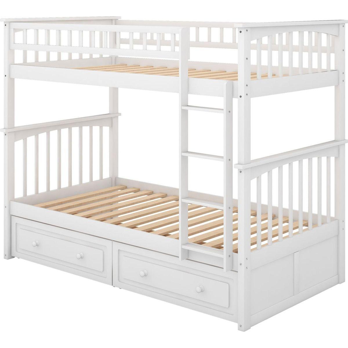 Twin over Twin Bunk Bed with Drawers, Convertible Beds, White