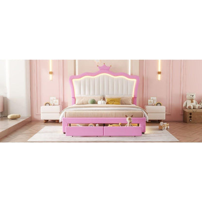 Full Size Upholstered Bed Frame with LED Lights, Modern Upholstered Princess Bed with Crown Headboard, 2 Drawers, Pink+White