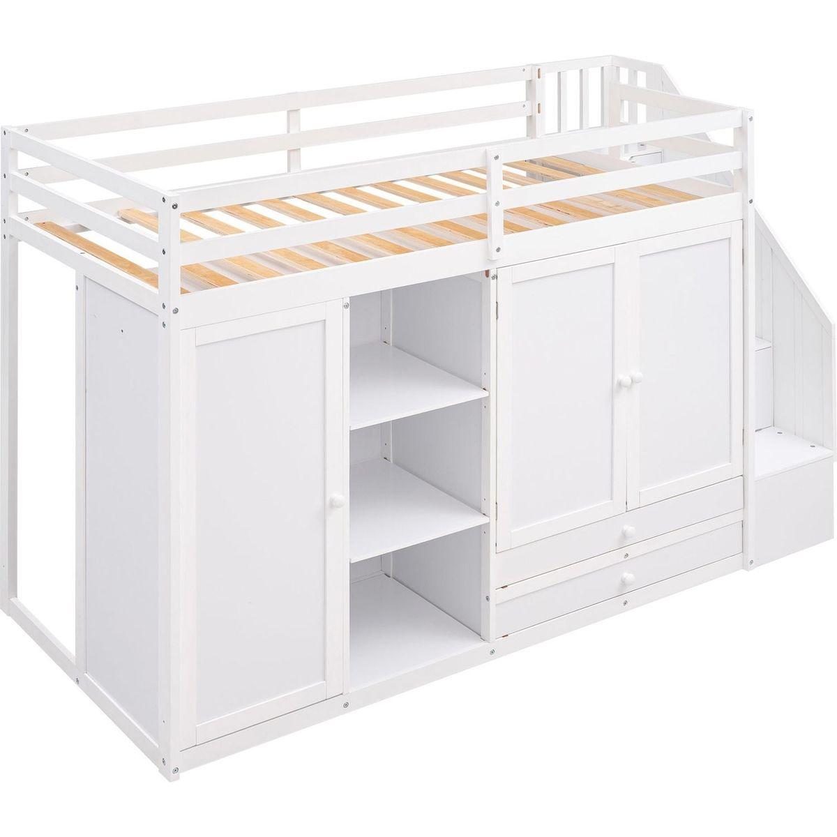 Functional Loft Bed with 3 Shelves, 2 Wardrobes and 2 Drawers, Ladder with Storage, No Box Spring Needed, White
