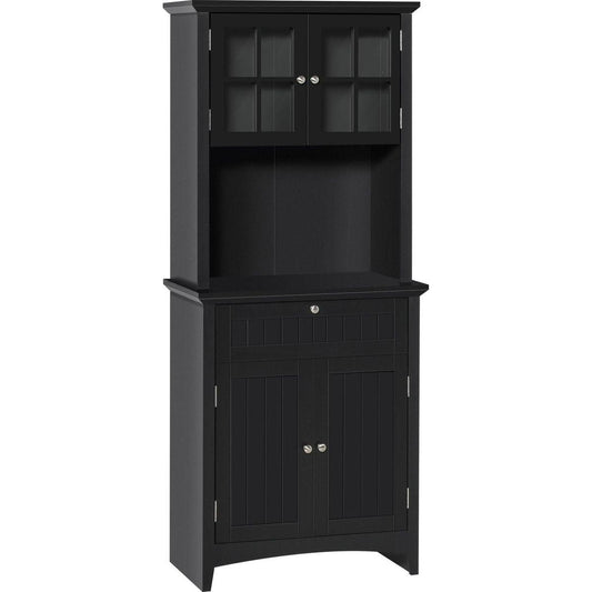 Elegant Buffet with Hutch, Kitchen Pantry Storage Cabinet with Framed Glass Door Drawer and Microwave Space, Black
