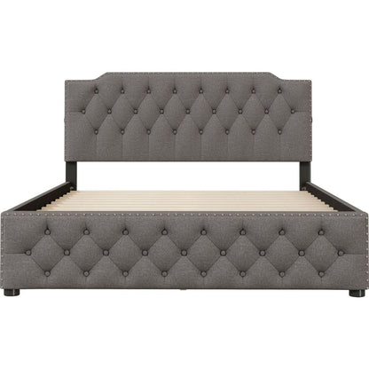 Queen Size Upholstered Platform Bed with 2 Drawers and 2 sets of USB Ports on each side, Linen Fabric, Gray