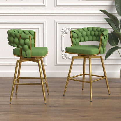 Bar Chair Linen Woven Bar Stool Set of 4,Golden legs Barstools No Adjustable Kitchen Island Chairs,360 Swivel Bar Stools Upholstered Bar Chair Counter Stool Arm Chairs with Back Footrest, (Green)