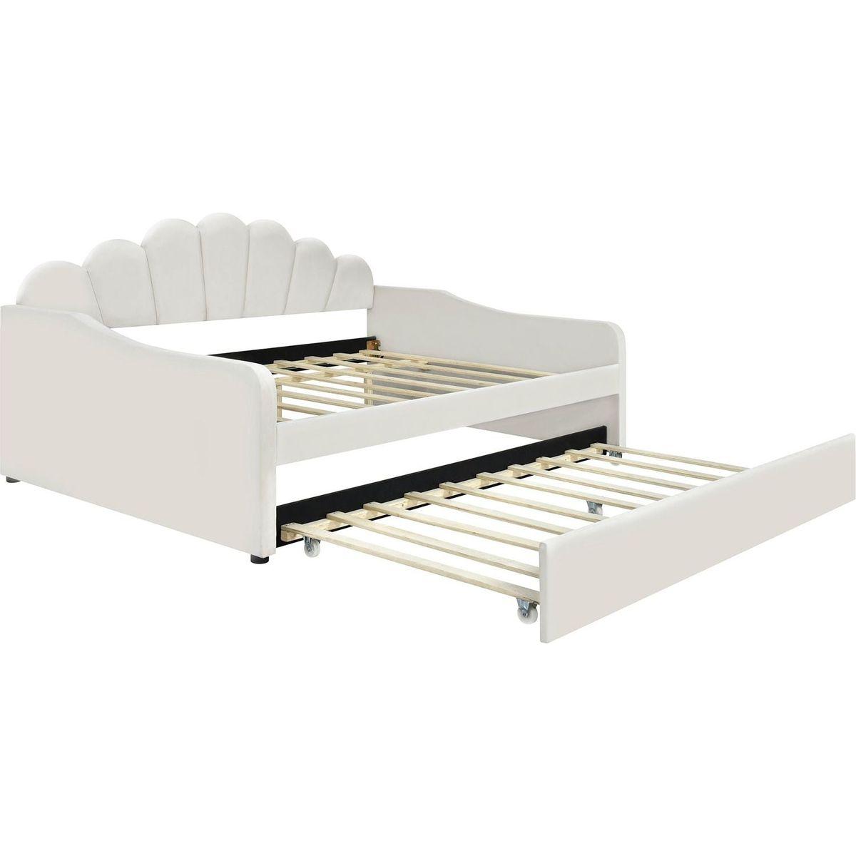 Full Size Upholstery Daybed Frame with Shall Shaped Backrest and Trundle,Beige