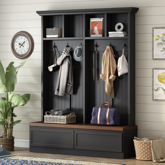 Farmhouse 4-in-1 Hall Tree with Wood Grain Bench, Mudroom Versatile Coat Rack with 2 Large Drawers, Large Entrance Organizer with 6 Black Hooks for Hallway, Living Room, Black, 55.9"Wx75.6"H