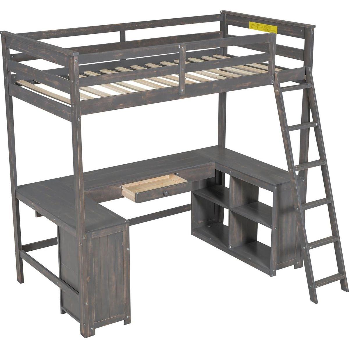 Twin Size Loft Bed with U-shaped Desk, Drawers and Storage Shelves, Antique Brown