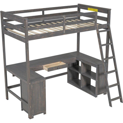 Twin Size Loft Bed with U-shaped Desk, Drawers and Storage Shelves, Antique Brown
