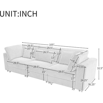 105" 3 Seater Sofa with Removable Back Cushions and 5 Pillows, for Living Room, Apartment, Spacious Space