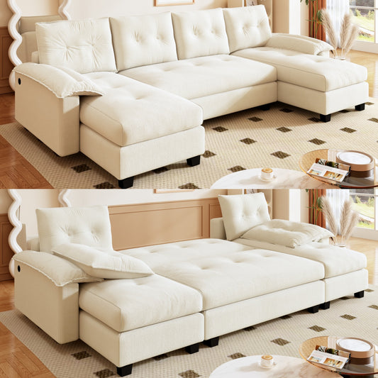 104.7' U-Shaped Sleeper Sofa with Pull Out Bed,2 in 1 Convertible Couch Bed with Removable Armrests & USB Ports,Oversized Sectional Modular with Chaise Lounge for Living Room//Apartment,Beige/white