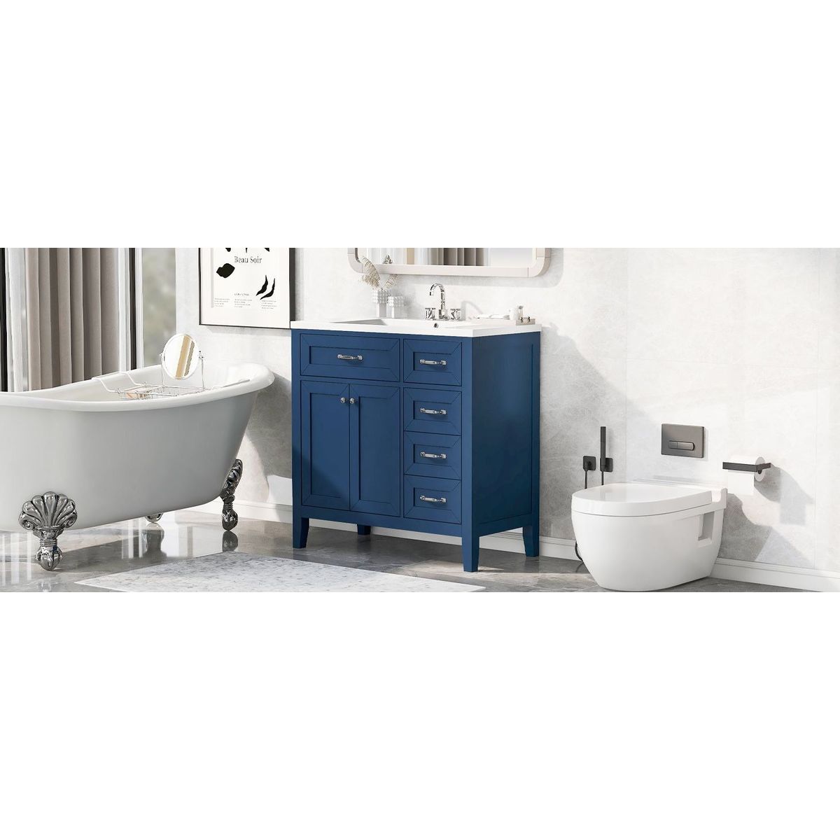 36" Bathroom Vanity with Sink Combo, Blue Bathroom Cabinet with Drawers, Solid Frame and MDF Board