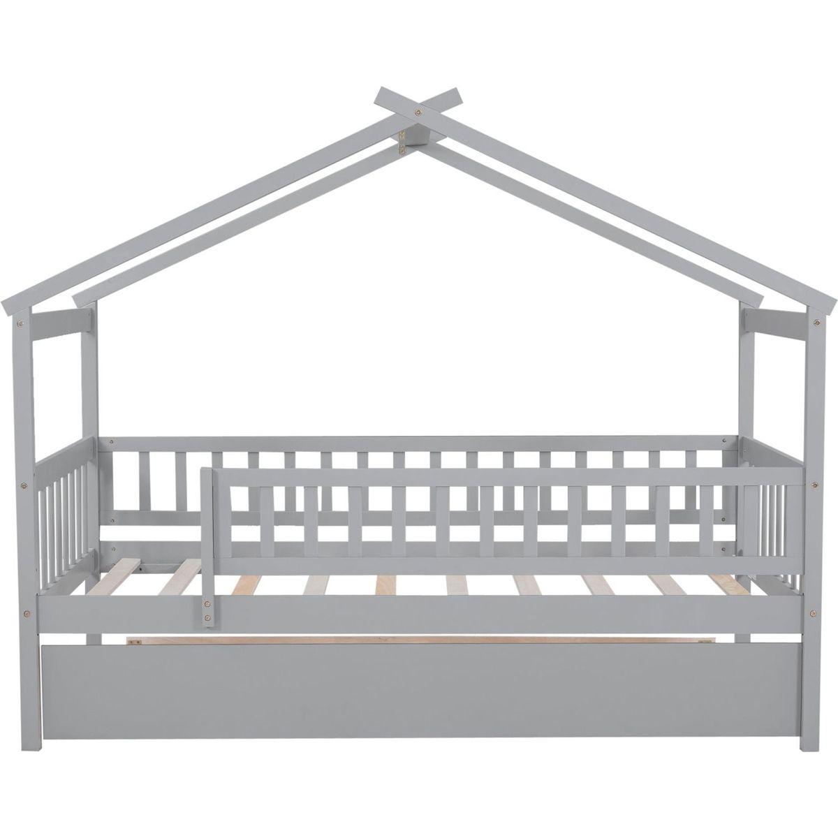 Twin Size Wooden House Bed with Twin Size Trundle, Gray
