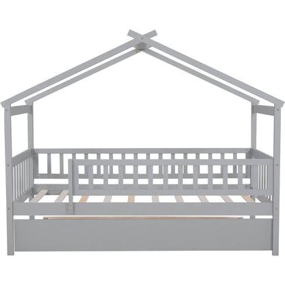 Twin Size Wooden House Bed with Twin Size Trundle, Gray