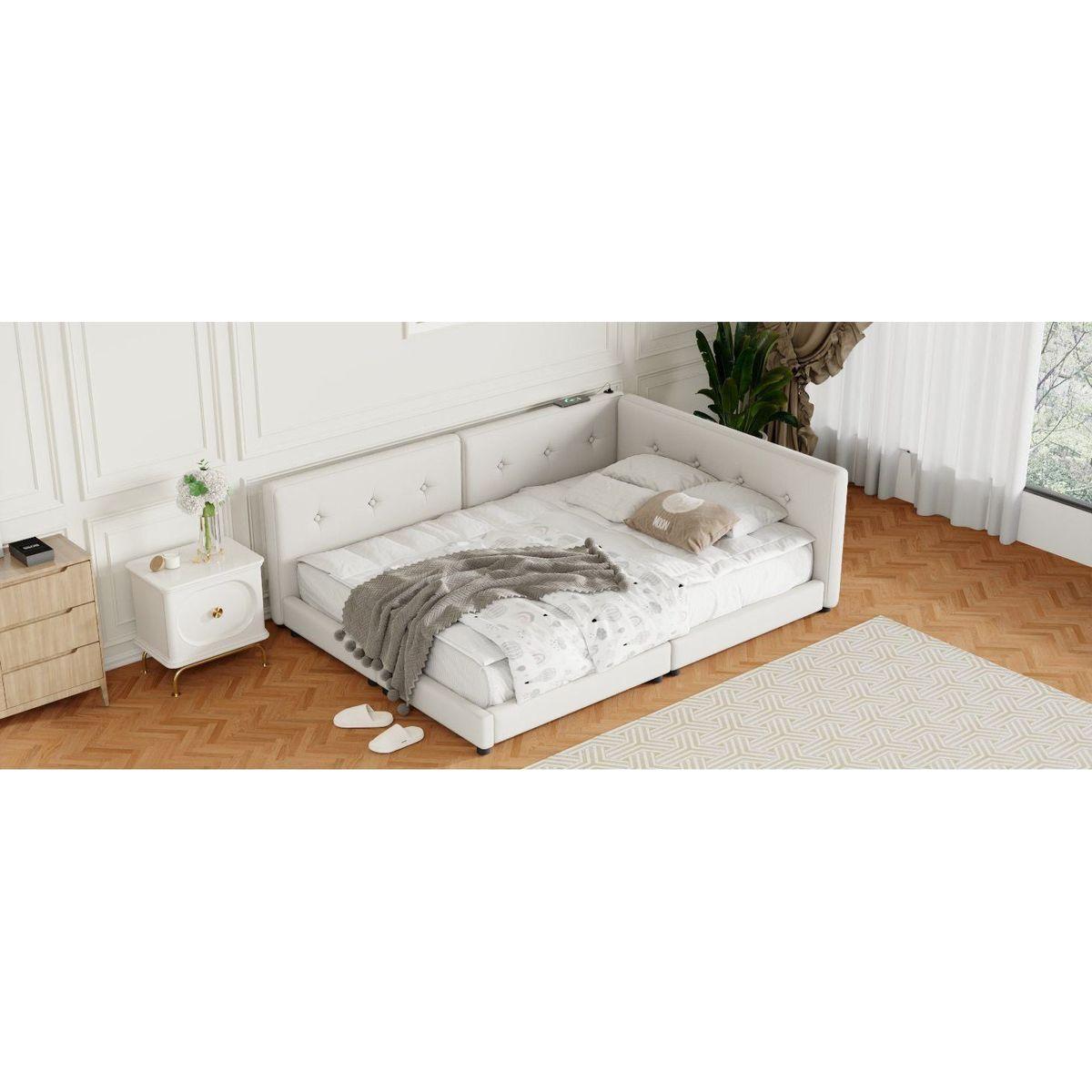 Upholstered Queen Size platform bed with USB Ports, Beige